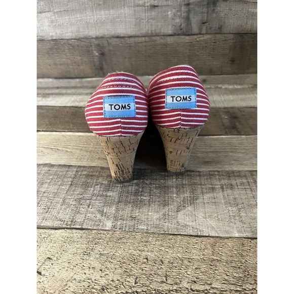 Toms Red and White Striped Peep-Toe Wedges Espadrilles Size W7 - Picture 4 of 7